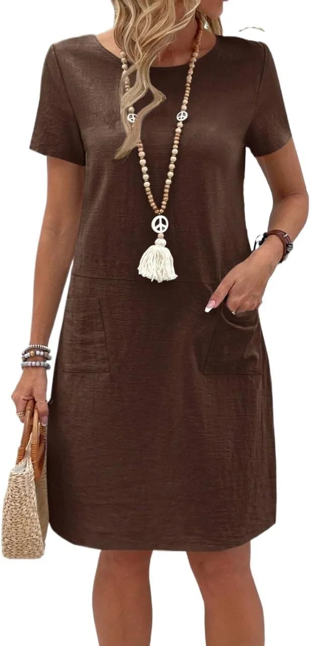 Женское платье миди с карманом Casual, Coffee Brown