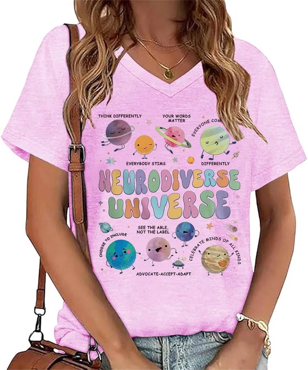 Футболка с V-образным вырезом Neurodiverse Universe, Pink-1