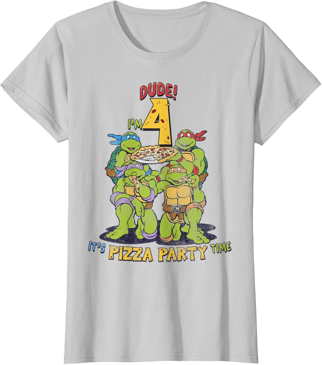 

Женская футболка Teenage Mutant Ninja Turtles I'm 4 Dude Pizza Birthday Party, серебристо-серый
