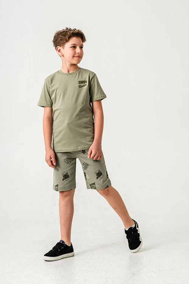 Детский комплект для мальчиков с принтом Super Racer Printed Boys Shorts - T-Shirt Set Mışıl Kids, Oliv — фото 2
