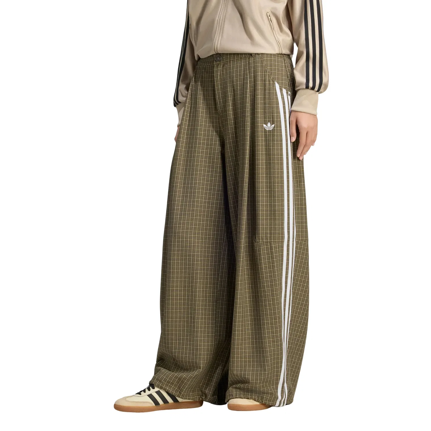 Женские брюки Checks Loose Pants Asia SIzing 'Olive Strata Wonder Beige Aurora Coffee' adidas, Olive Strata/Wonder Beige/Aurora Coffee — фото 2