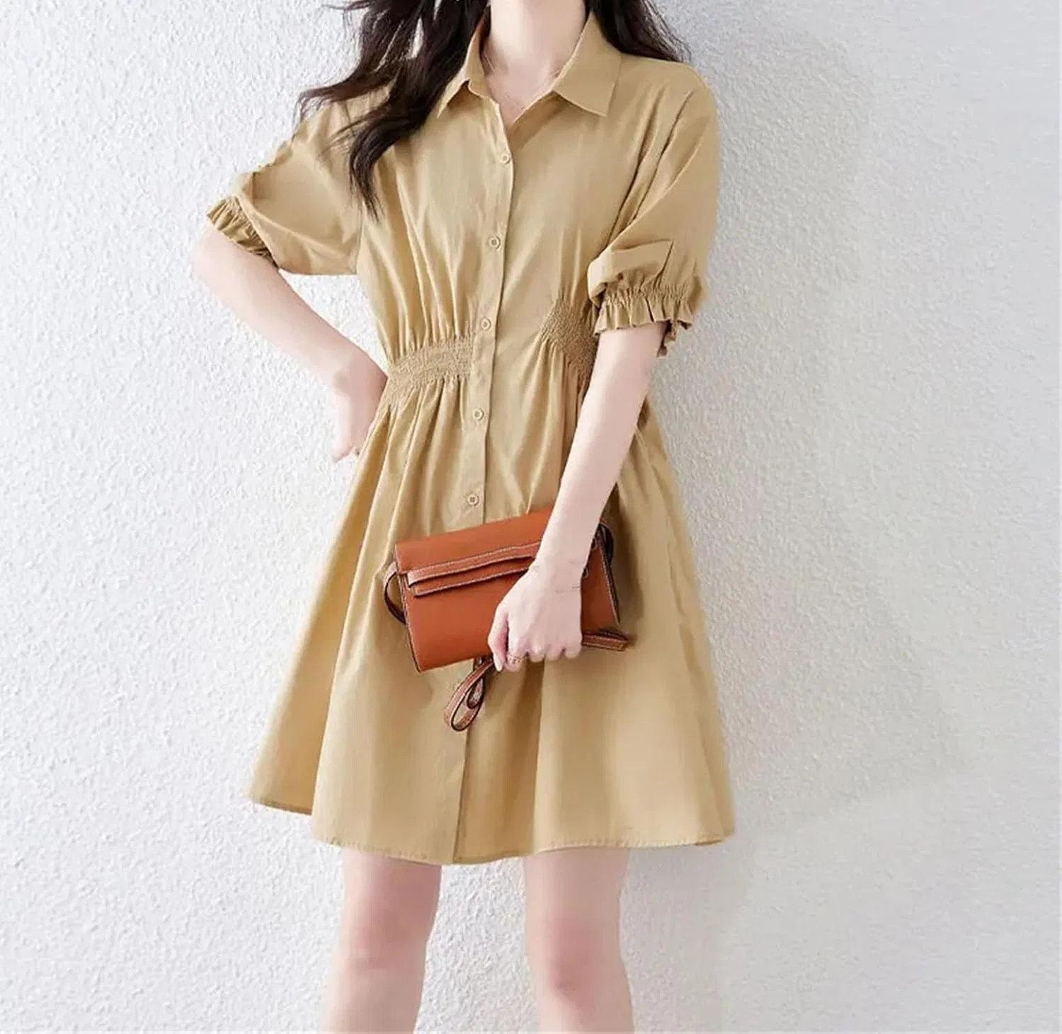 Женское короткое платье А-силуэта с пуговицами Generic, Khaki — фото 3