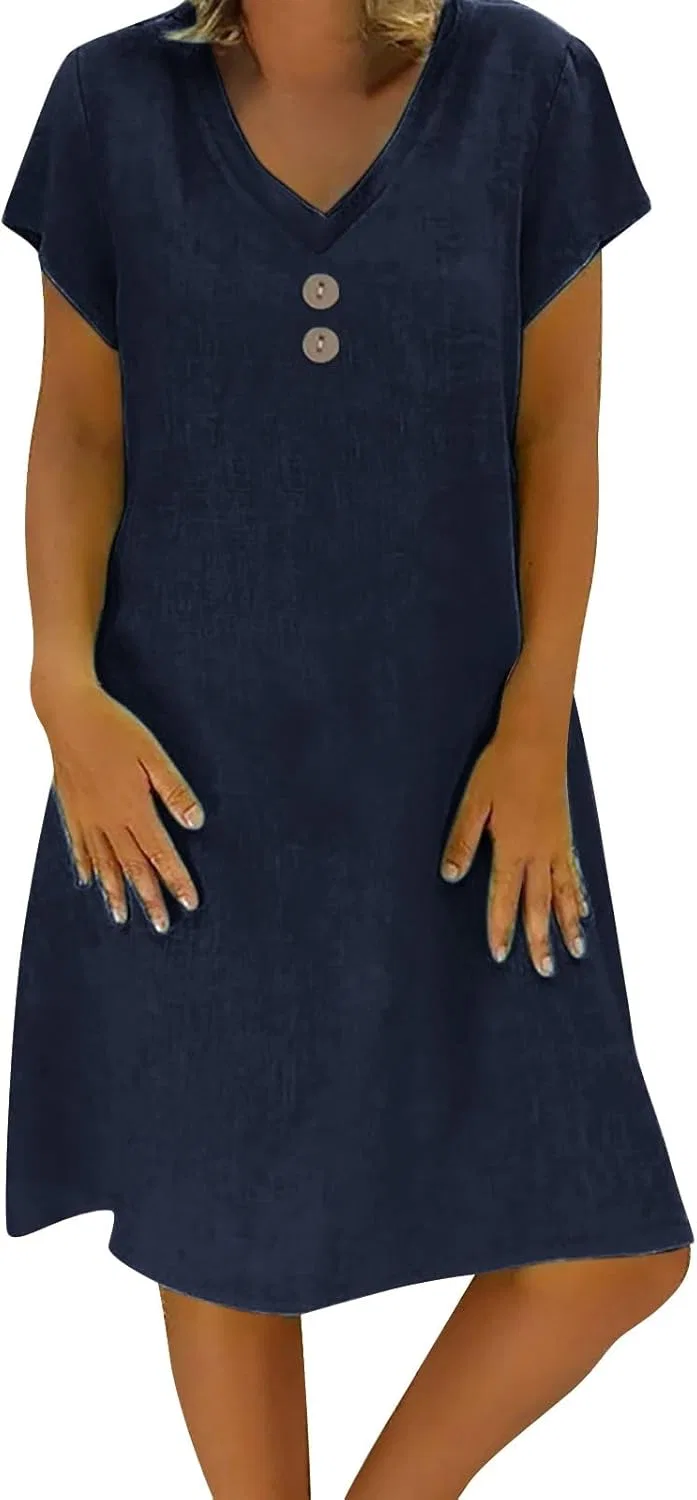Женское повседневное платье миди с V-образным вырезом Cotton Linen, Navy