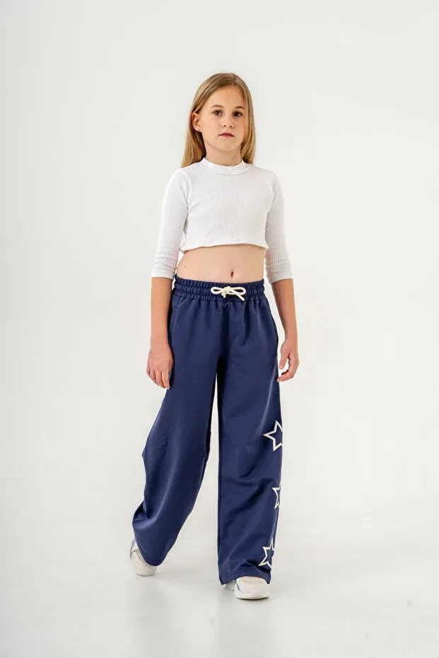 Детские спортивные штаны для девочек с принтом Bacak Yıldız Mışıl Kids, Navy Blue — фото 2