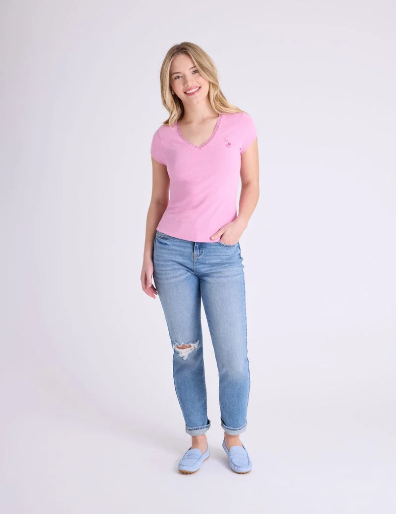 Женская футболка U.S. Polo Assn. V-Neck Lace Trim Rib, розовый — фото 3