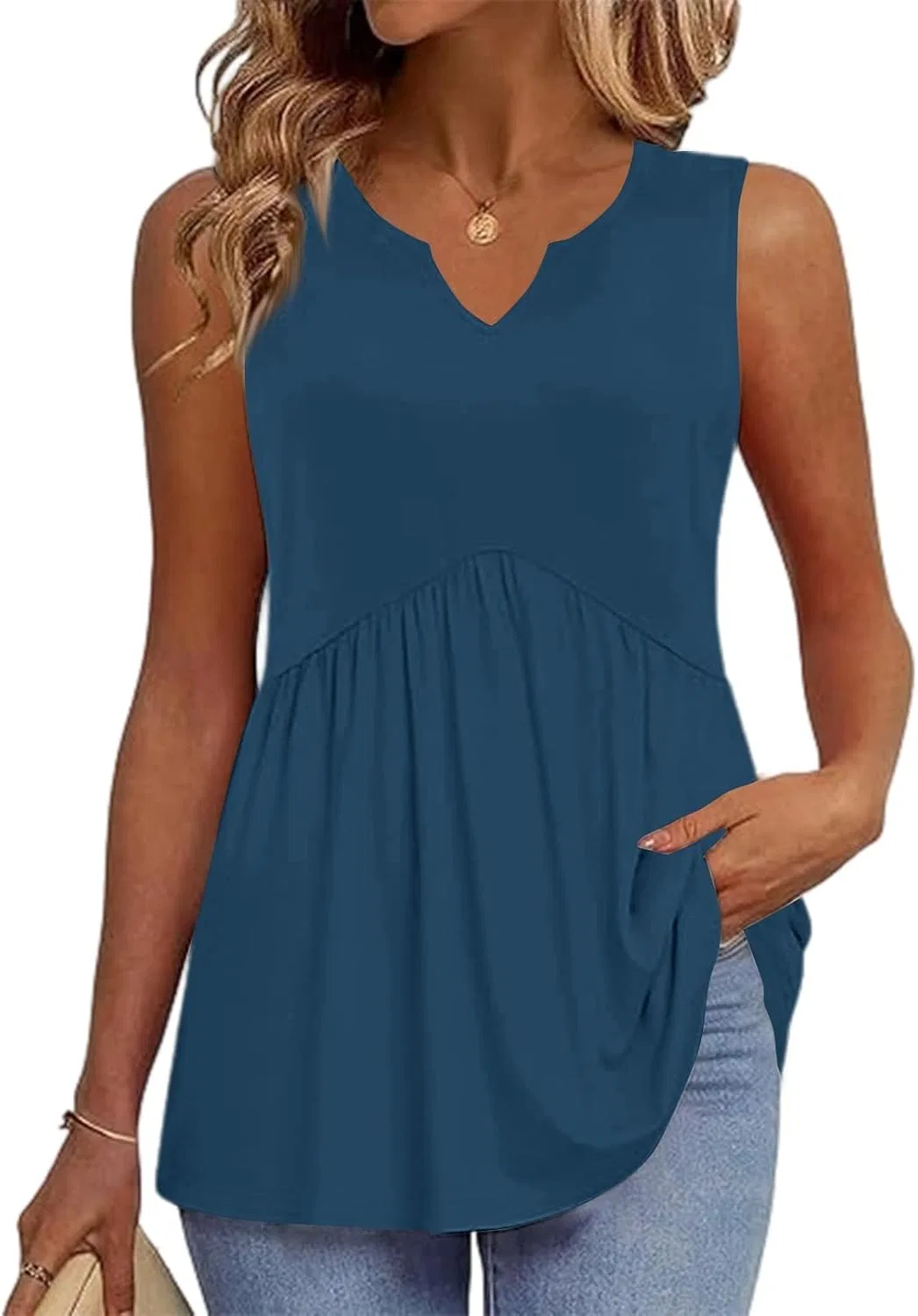 Женский топ без рукавов, повседневный, свободный, Solid Color, 2-dark Blue — фото 4