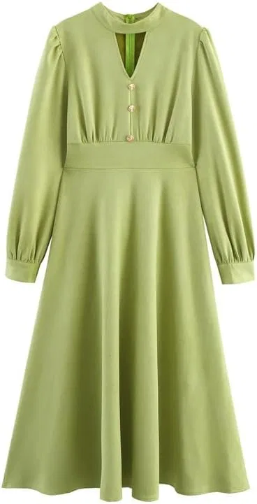 Женское платье с высокой горловиной и плиссированными рукавами, Fluorescent Green