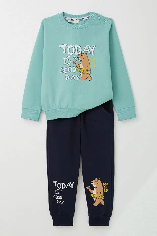 Детский спортивный комплект для мальчиков с принтом Skateboarder Teddy Bear Breeze, Water Green