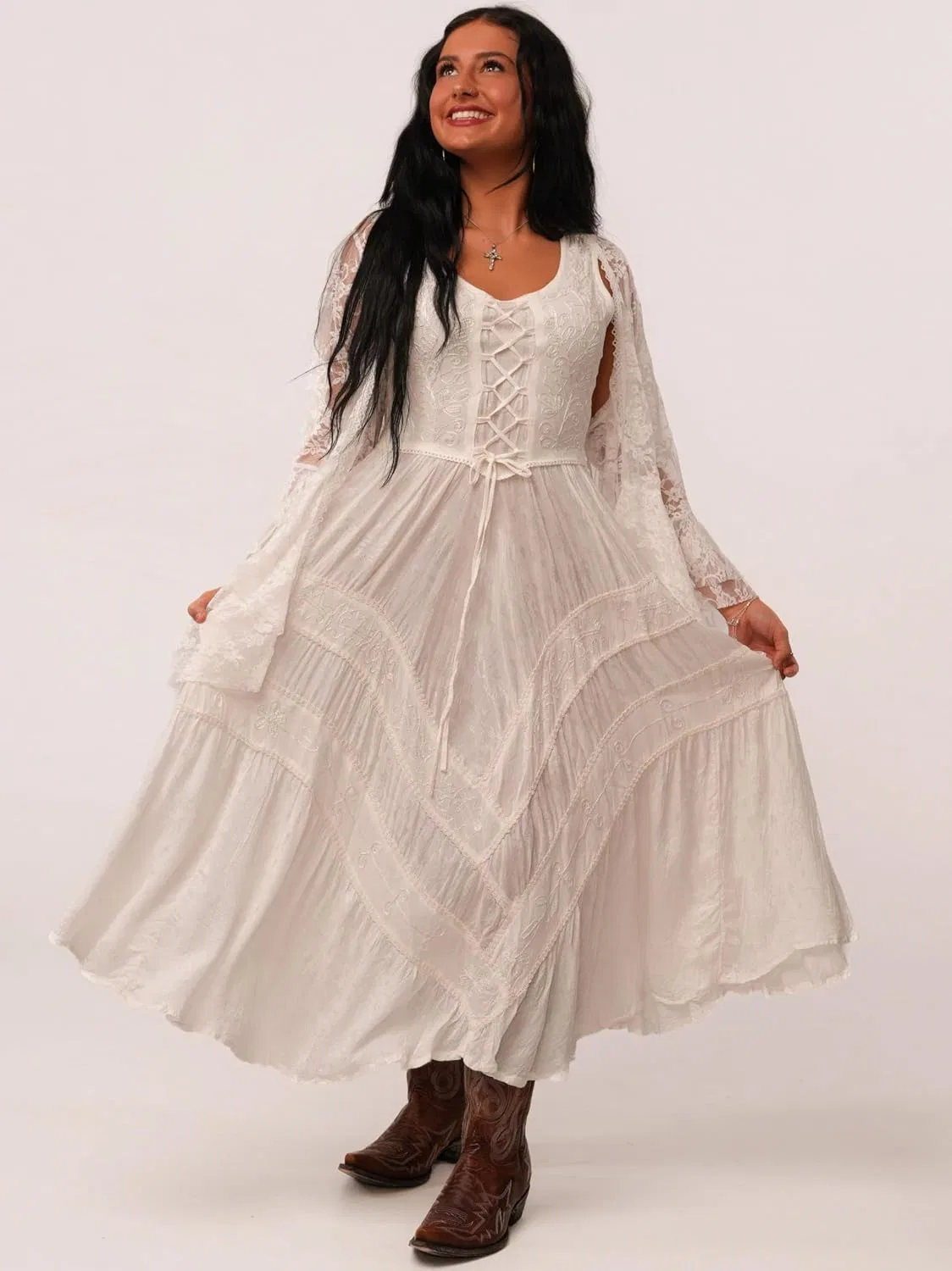 Женское повседневное платье миди со шнуровкой, White — фото 4