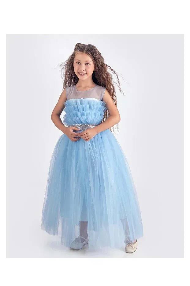 Детское платье для девочек без рукавов Sapes model back gipeli tulle girls' strappy satin evening dress mnk0618 Mnk Baby&Kids, Babe Blue
