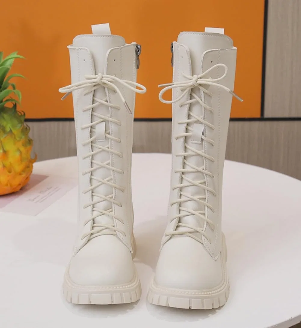 Детские ботинки для девочек на шнуровке с флисовой подкладкой, модель Mid Calf Fleece Lined Leather Shoes, White — фото 4