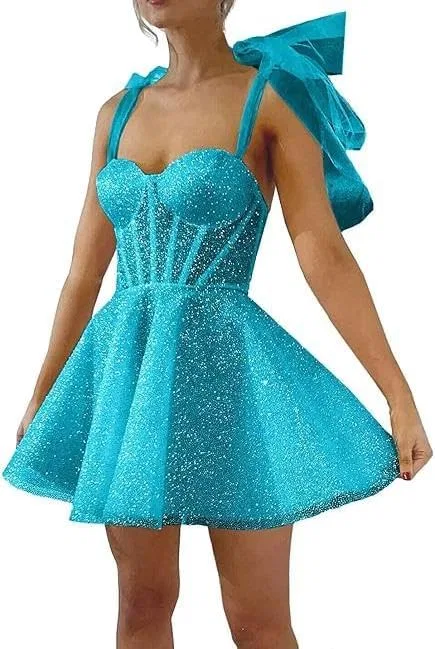 Женское мини-платье из тюля с блестками Sweetheart Neck, Turquoise