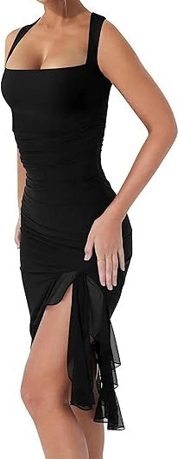 Женское облегающее платье с драпировкой и асимметричным подолом, Black — фото 2