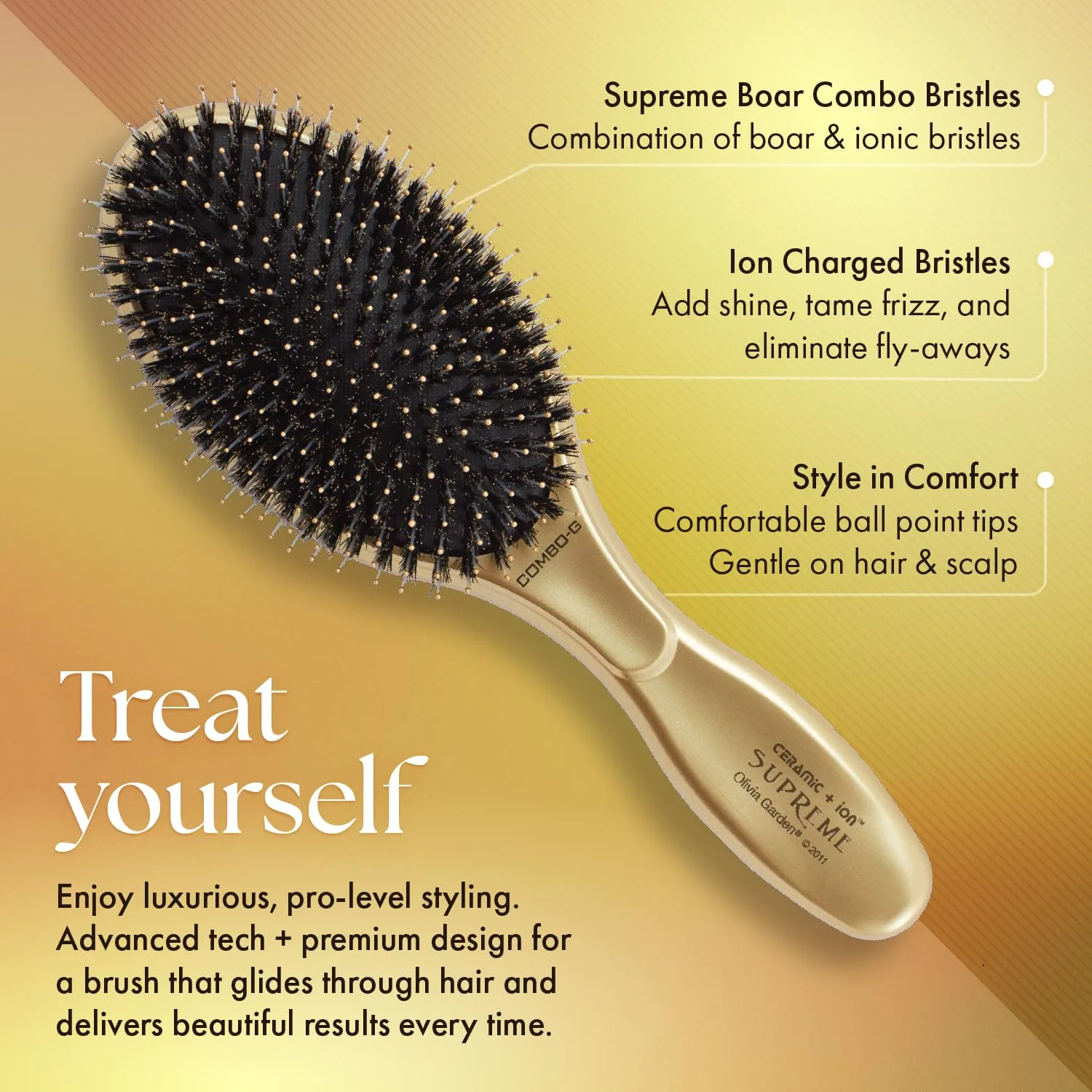 Расческа-щетка Olivia Garden Ceramic + Ion Supreme Styler Cushion Paddle Brush - на основе кабаньей щетины и ионов для блеска, контроля пушистости и разглаживания волос. Щетина кабана и ионная, Gold — фото 4