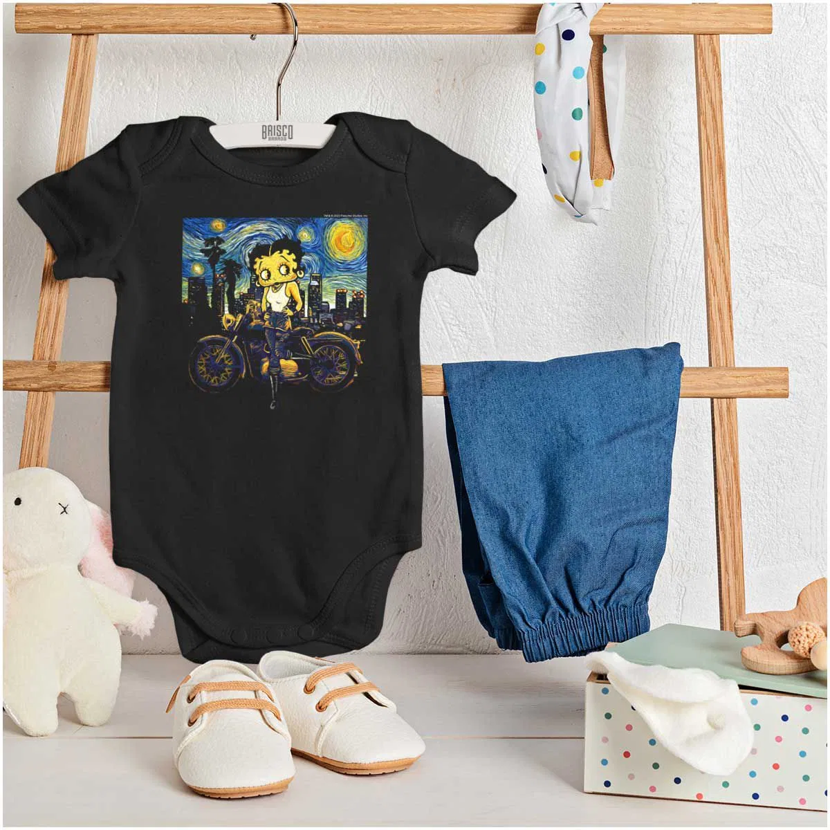 Детское боди-комбинезон для девочек с принтом Betty Boop Biker Starry Night Art Brisco Brands, Black — фото 3