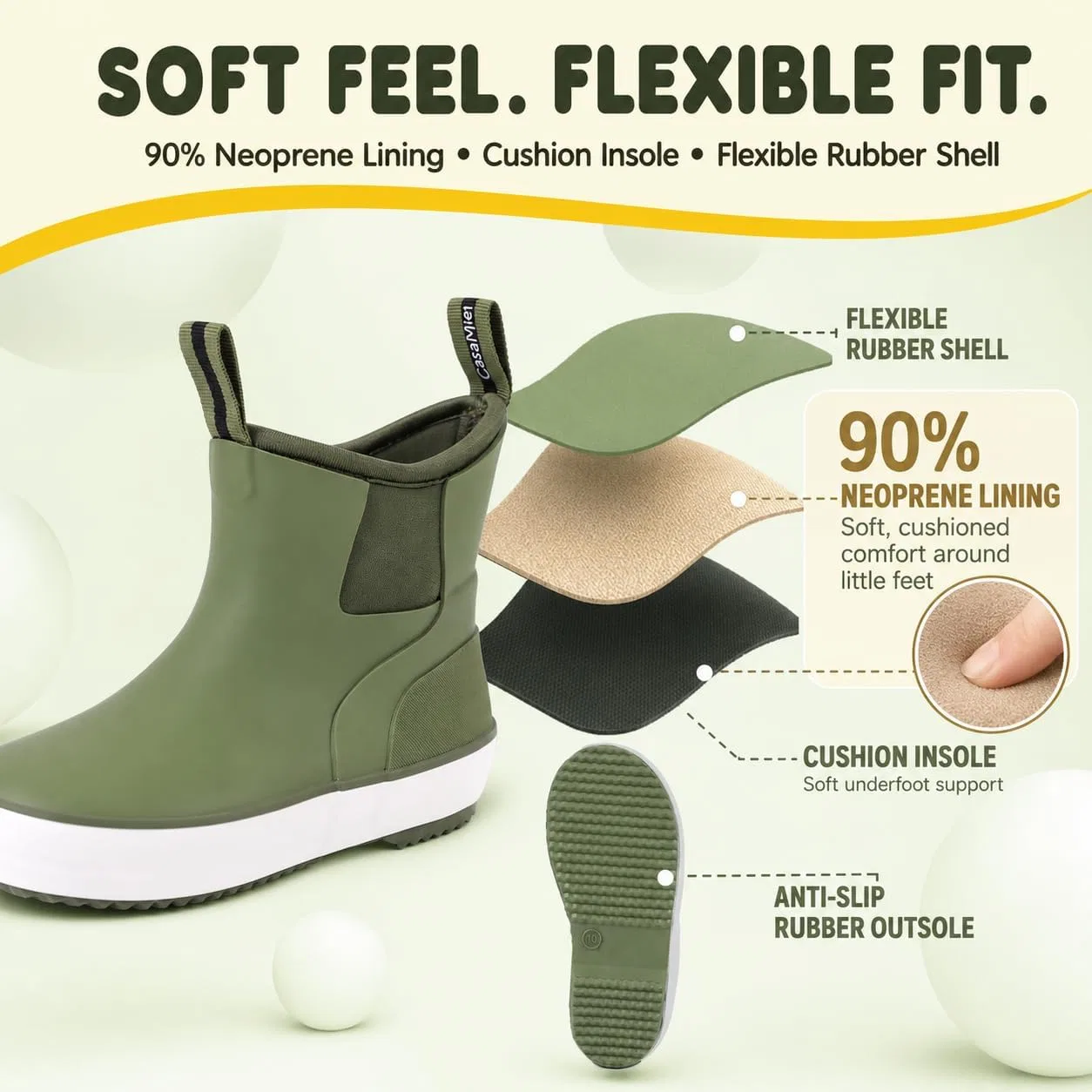 Детские резиновые сапоги с неопреновой подкладкой CasaMiel, Olive Green — фото 3