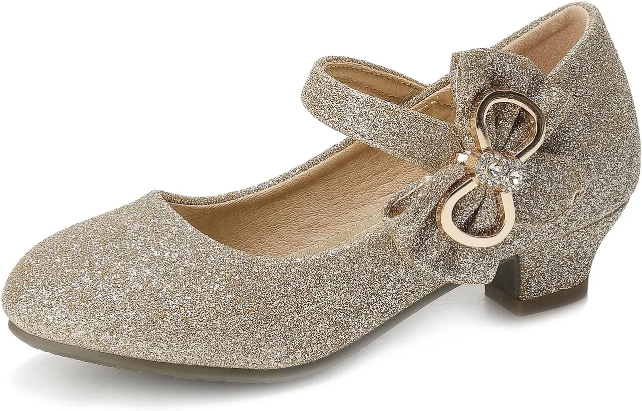 Детские туфли для девочек с блестками и цветком Mary Jane Heels Libuam, Gold