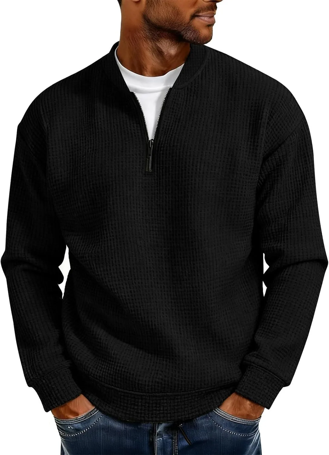 

Мужской свитер с четвертью молнии, легкий, с воротником-стойкой, вафельной вязкой Febteebou