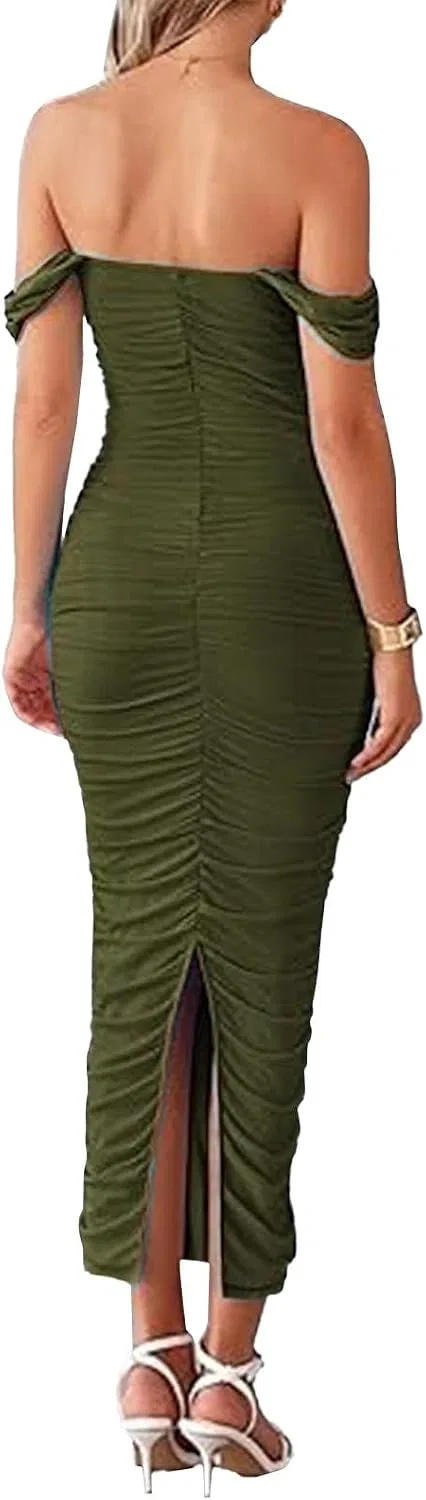 Женское вечернее платье макси с корсетом Off Shoulder, Army Green — фото 4