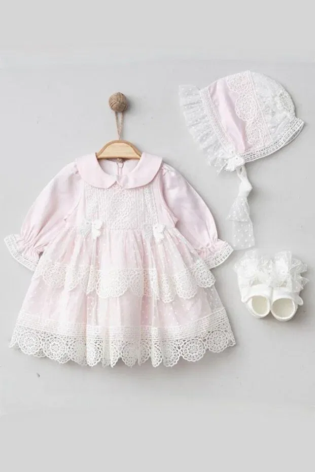 Детский комплект для новорожденных с защипами Sare model girl baby ruched dress newborn luxury dress set - hospital release and mawlid set Cherub Baby, Pink