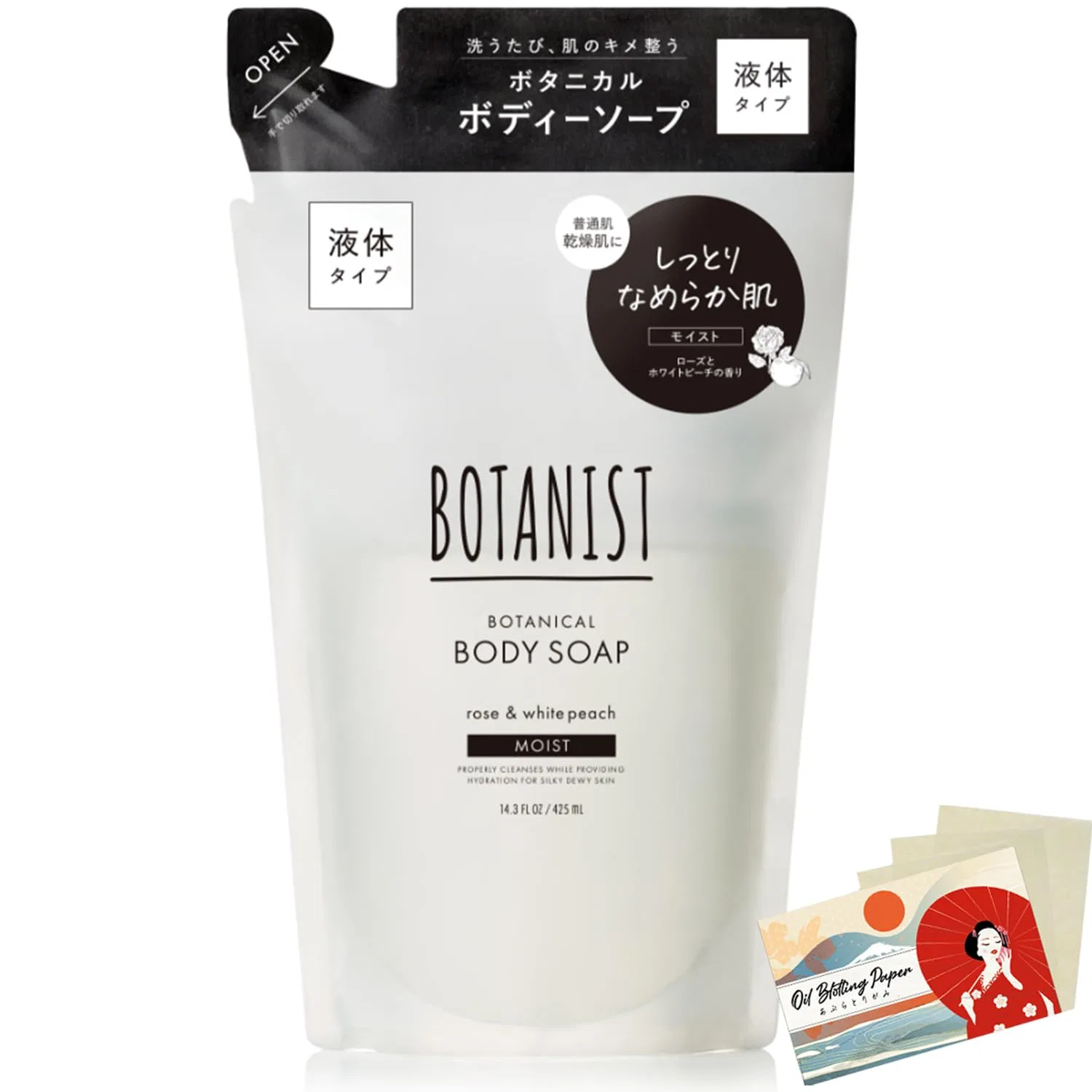 Гель для душа Botanist Moist Rose & White Peach, 440 мл, Refill, Blotting Paper Set