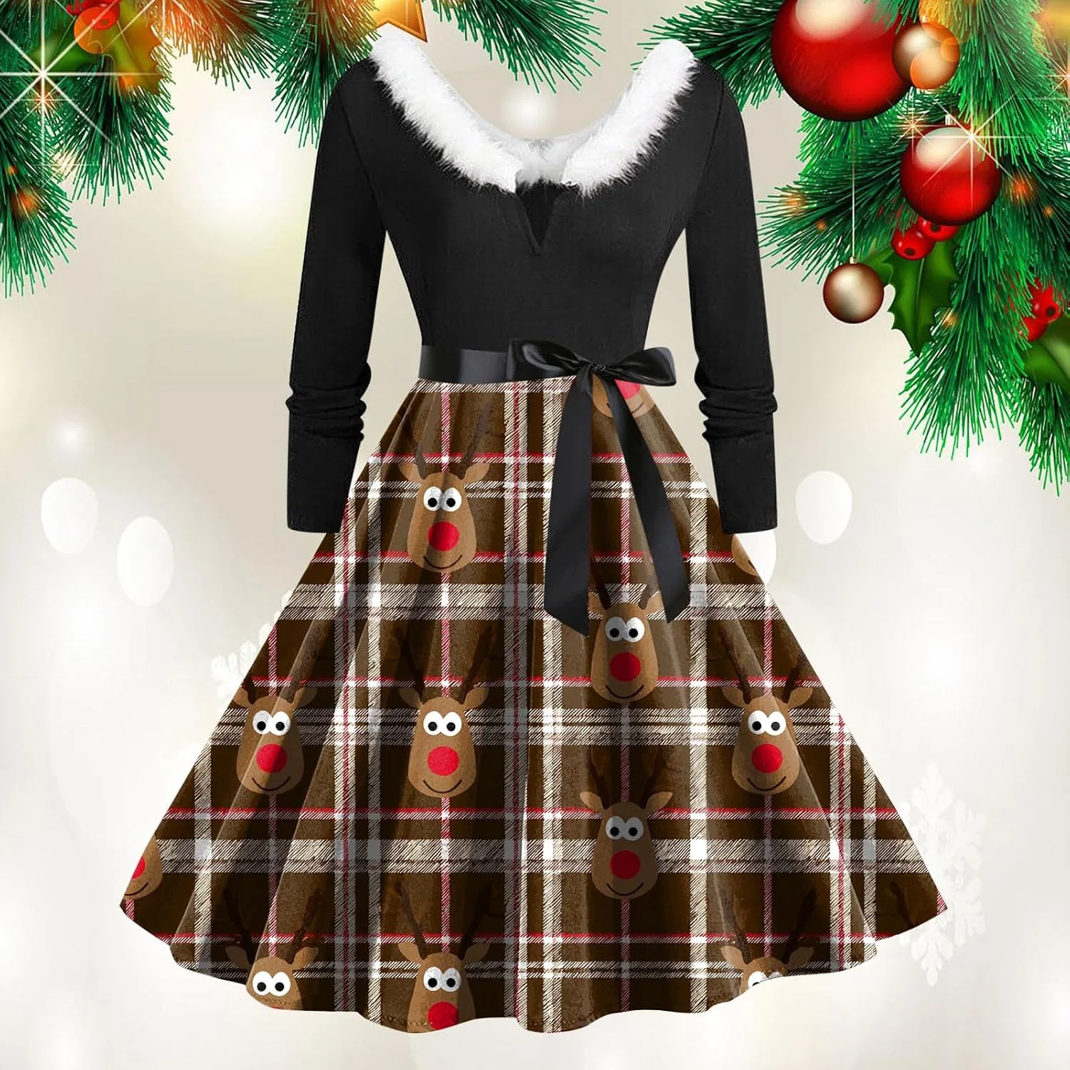 Женское платье-трапеция с принтом, Vintage Holiday Party, коричневый — фото 2