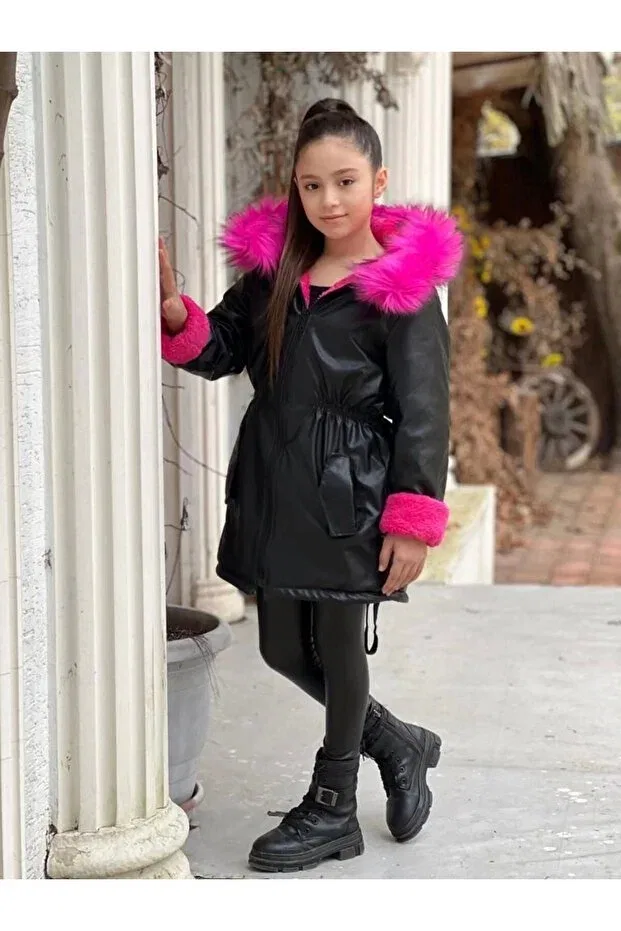 Детское пальто для девочек с капюшоном Black Leather Coat Dudor Kids, Black Fuchsia Pink — фото 3