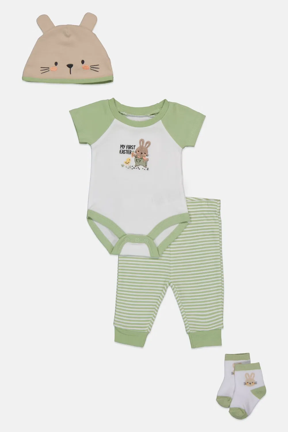 Комплект боди-комбинезон и штаны с шапочкой и носками, вышивка, Baby Essentials, разноцветный — фото 4