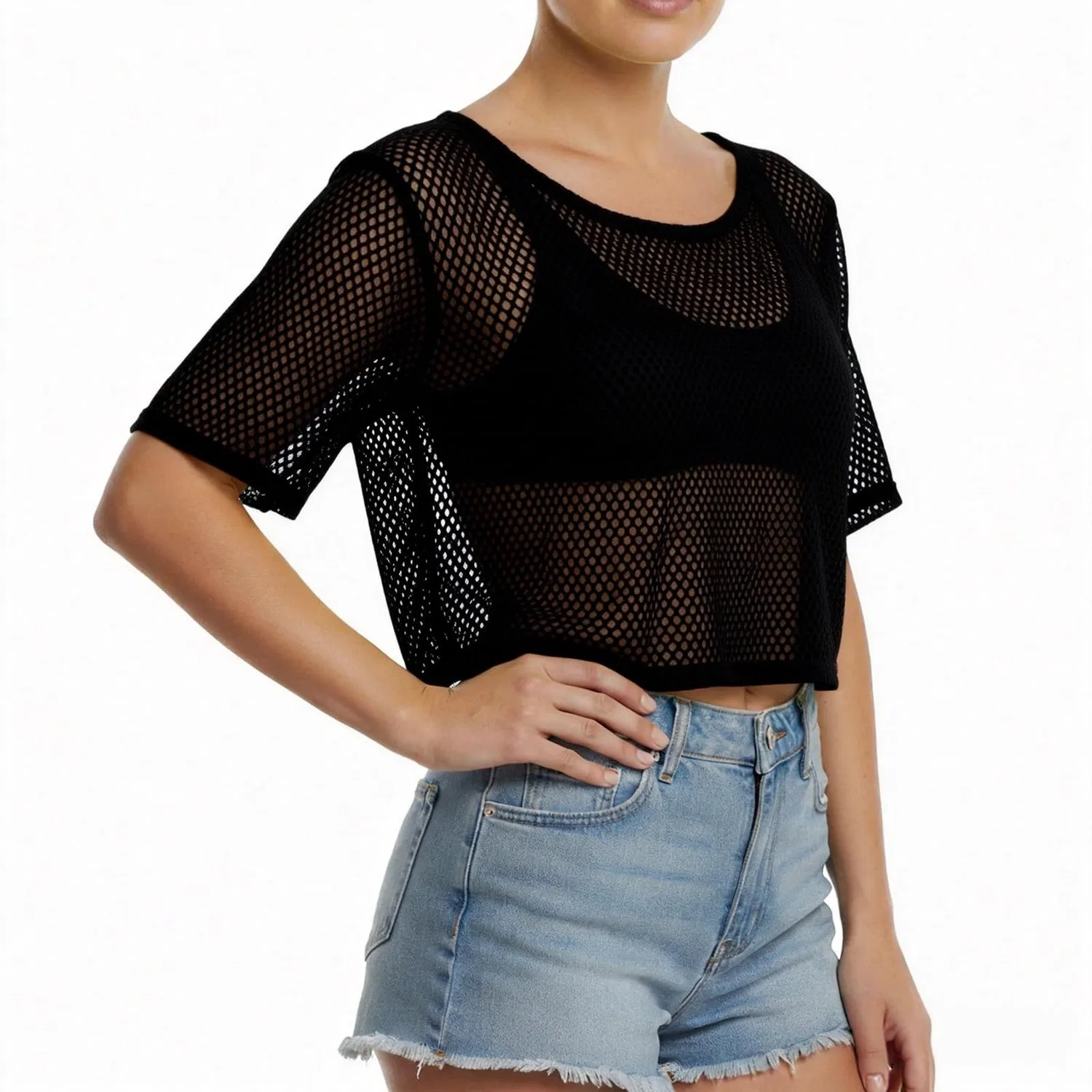 Женская футболка с коротким рукавом из сетки Clear Hollow Out Shirt, Black — фото 2