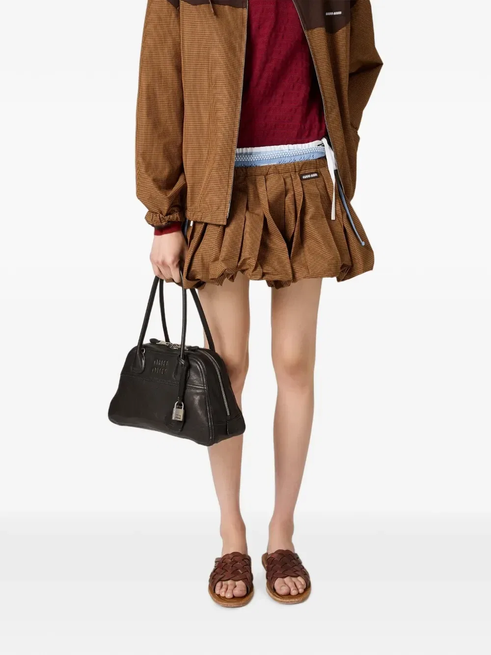 Плиссированная мини-юбка в клетку виши Miu Miu, коричневый — фото 2