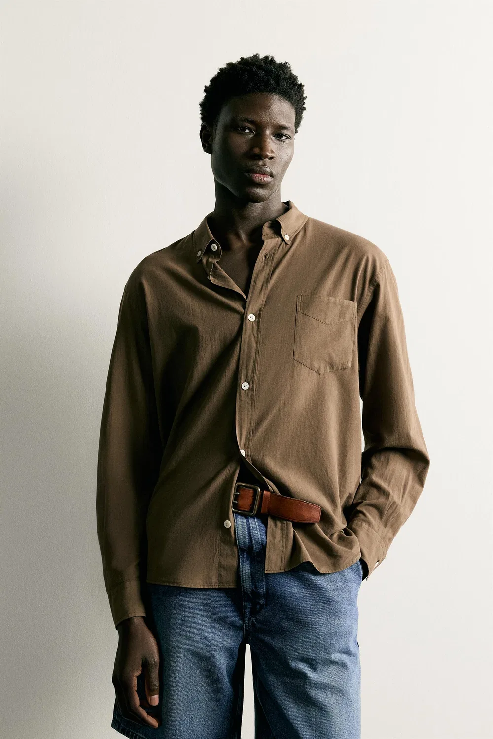 Рубашка из хлопкового вуаля ZARA, Brown — фото 2