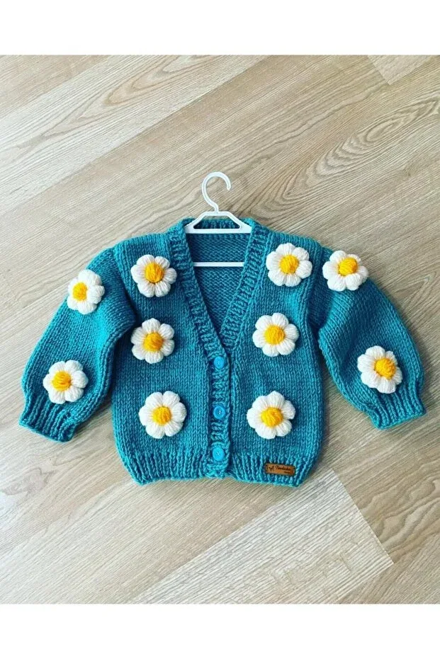 Детский кардиган для девочек с цветочным принтом Flower detailed hand knitted Nevalin, Turquoise