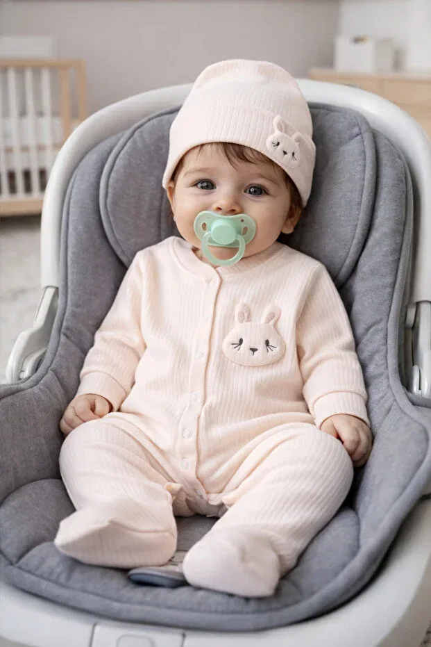 Детский комплект ползунков и шапочки для новорожденных с принтом Rabbit patterned Mbk Garden, Beige