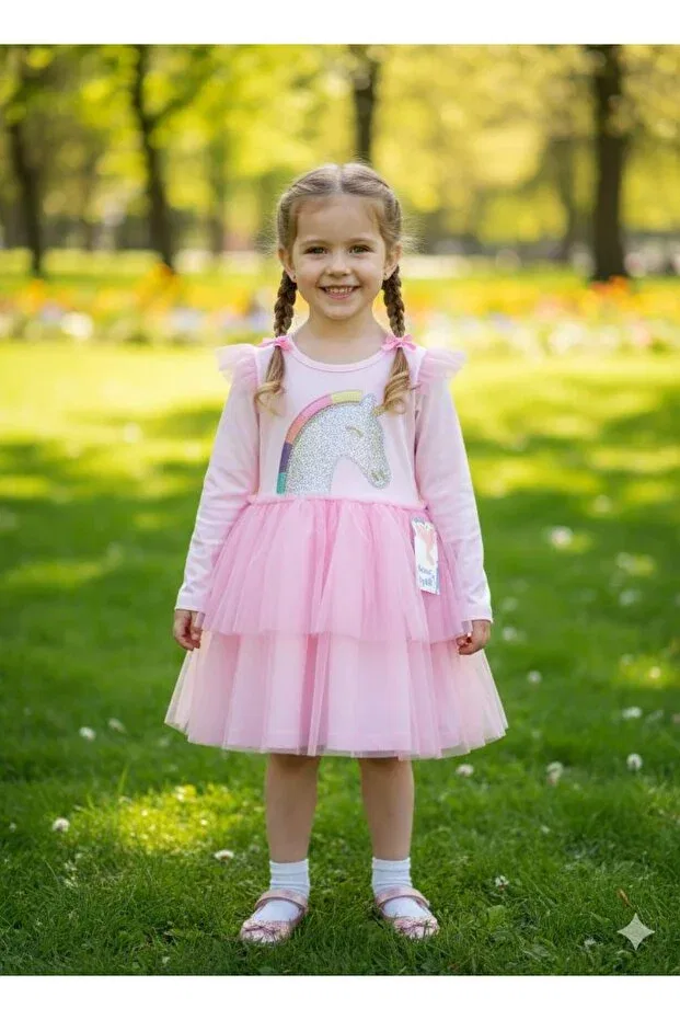 Детское платье для девочек с длинным рукавом с принтом Buse&Eylül Bebe, Pink