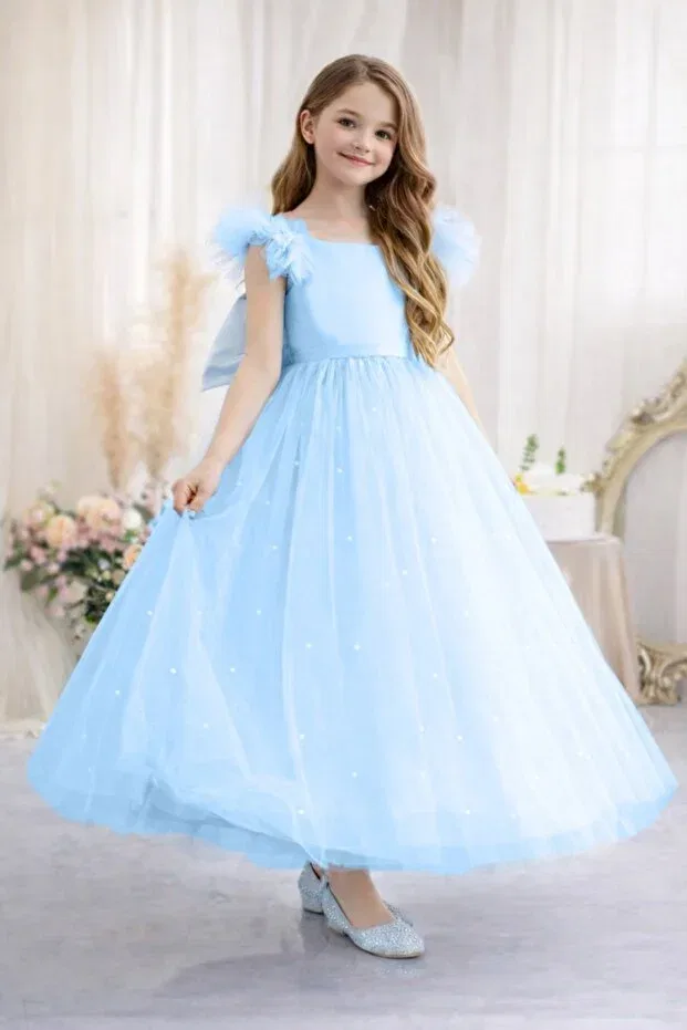 Детское платье для девочек с воланами Ruffle sleeves baby blue long pearl girls princess dress graduation birthday dress Suneh, Baby Blue — фото 2