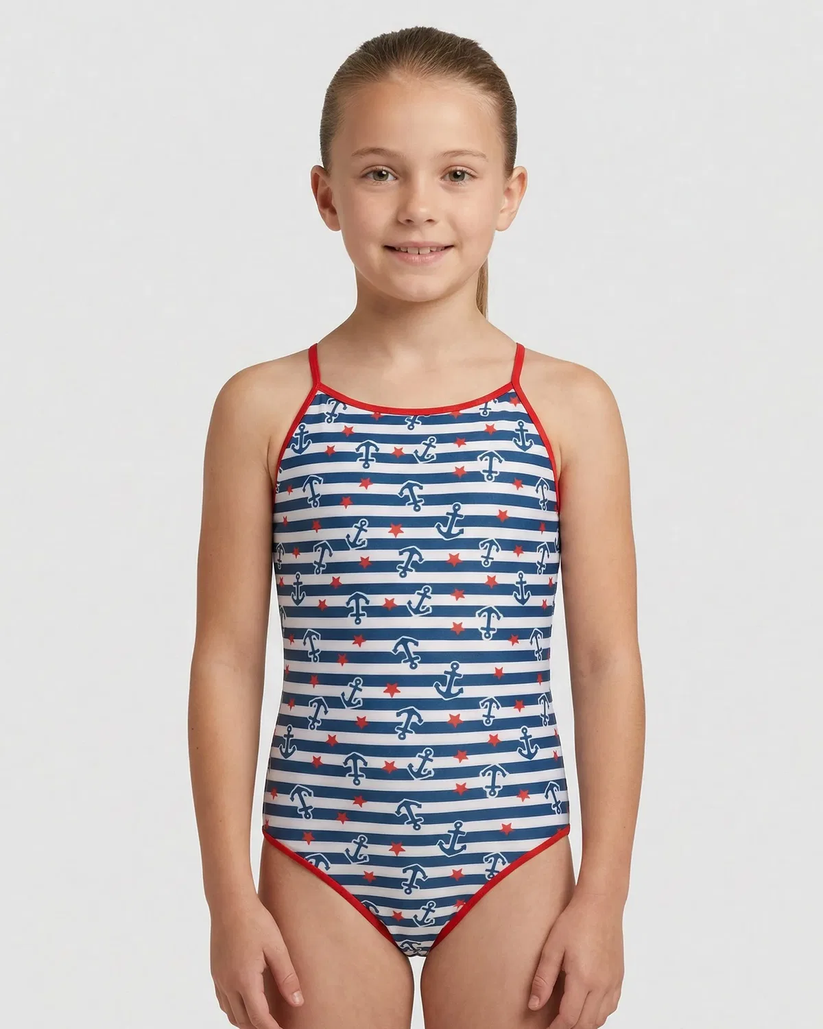 Детский купальник для девочек с принтом Sailor Red Point, Azul / Blanco