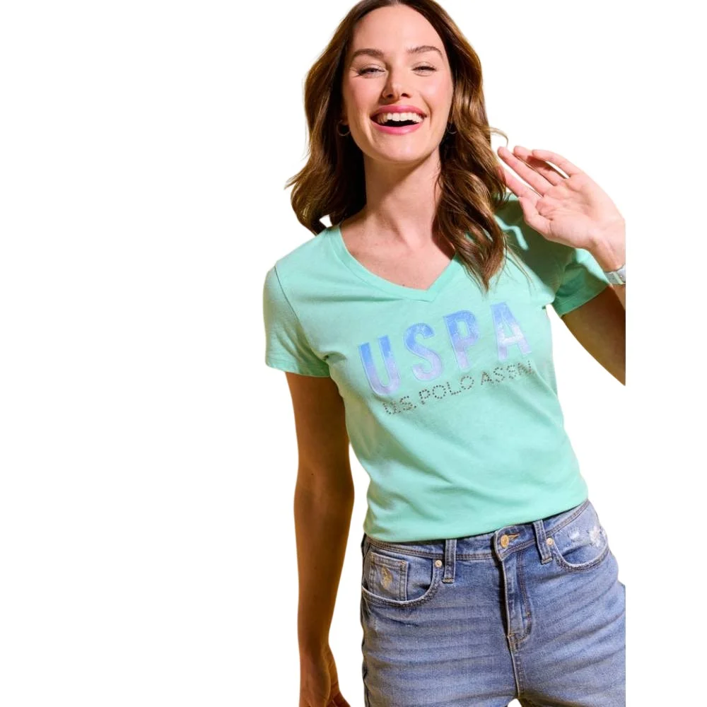 Женская футболка U.S. Polo Assn. Ombre Stone Rhinestone V-Neck, мятный