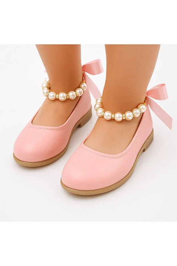 Детские балетки для девочек с жемчугом Matte Pink Ankle Pearl Detailed Girls' Ballerinas with Bow Ribbon Kateyler, Matte Pink