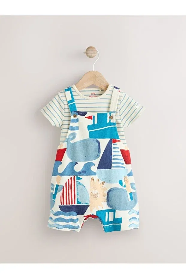 Детский комбинезон-боди с принтом 100% Cotton Blue Sea Salopet Bodysuit Set Next Baby, Multicolor