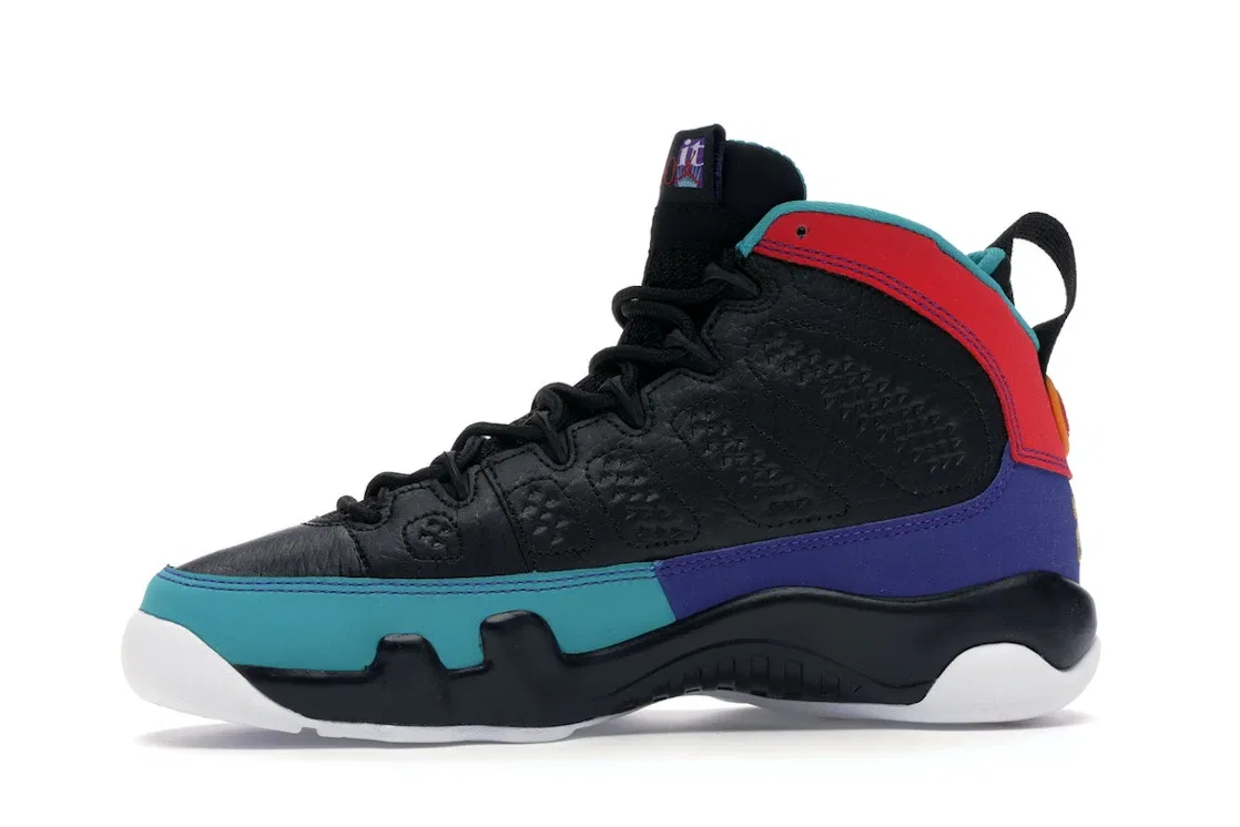 Детские кроссовки для мальчиков с принтом Jordan 9 Retro Jordan, Black/University Red-Dark Concord-Canyon Gold-Turbo Green-White — фото 3