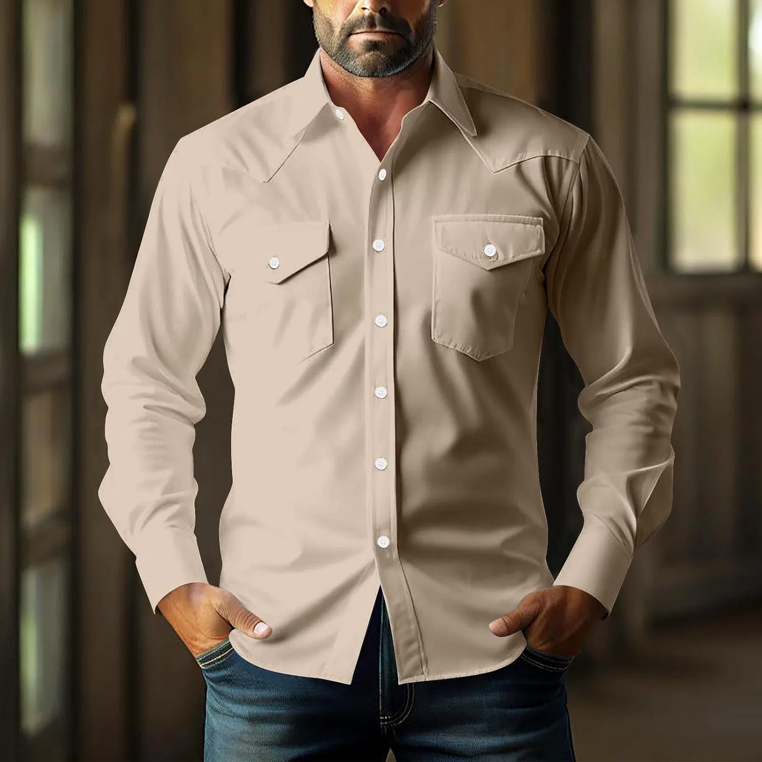 Мужская рубашка с длинным рукавом Western Cowboy Shirts, хаки — фото 3