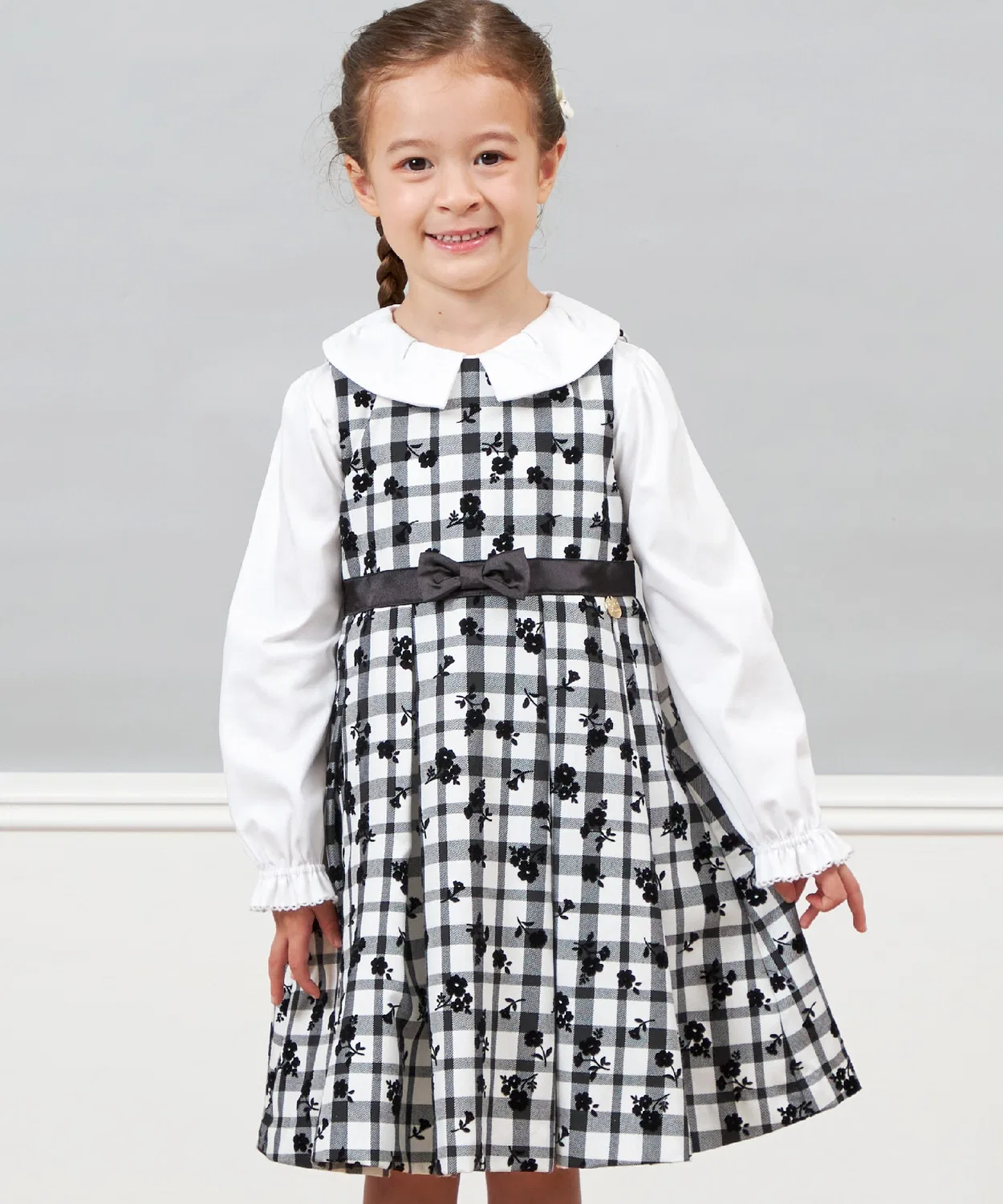 Детский сарафан с цветочным принтом и клеткой, модель Check ON Flower Print KP, Black
