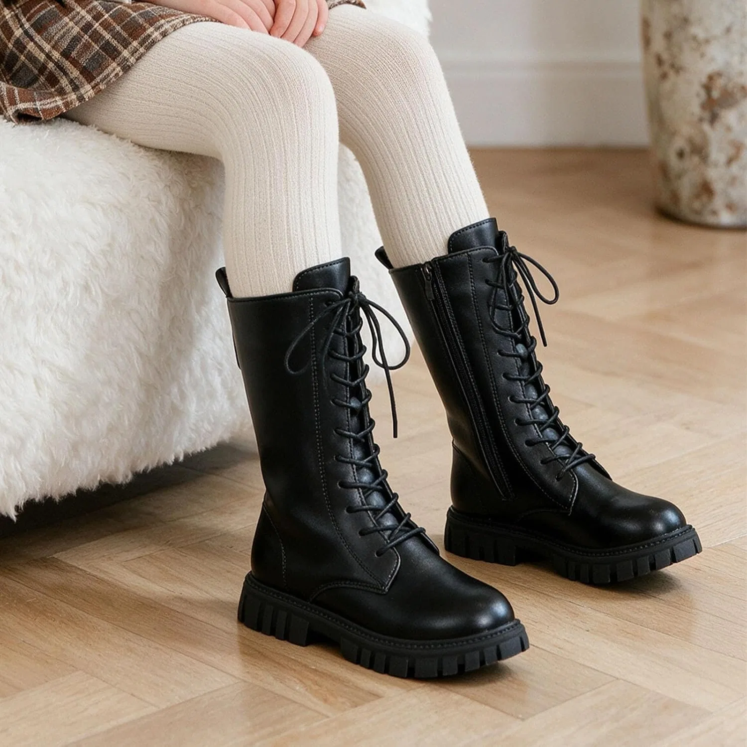 Детские ботинки для девочек на шнуровке с боковой молнией Combat Boots Cephalyxion, Black — фото 3