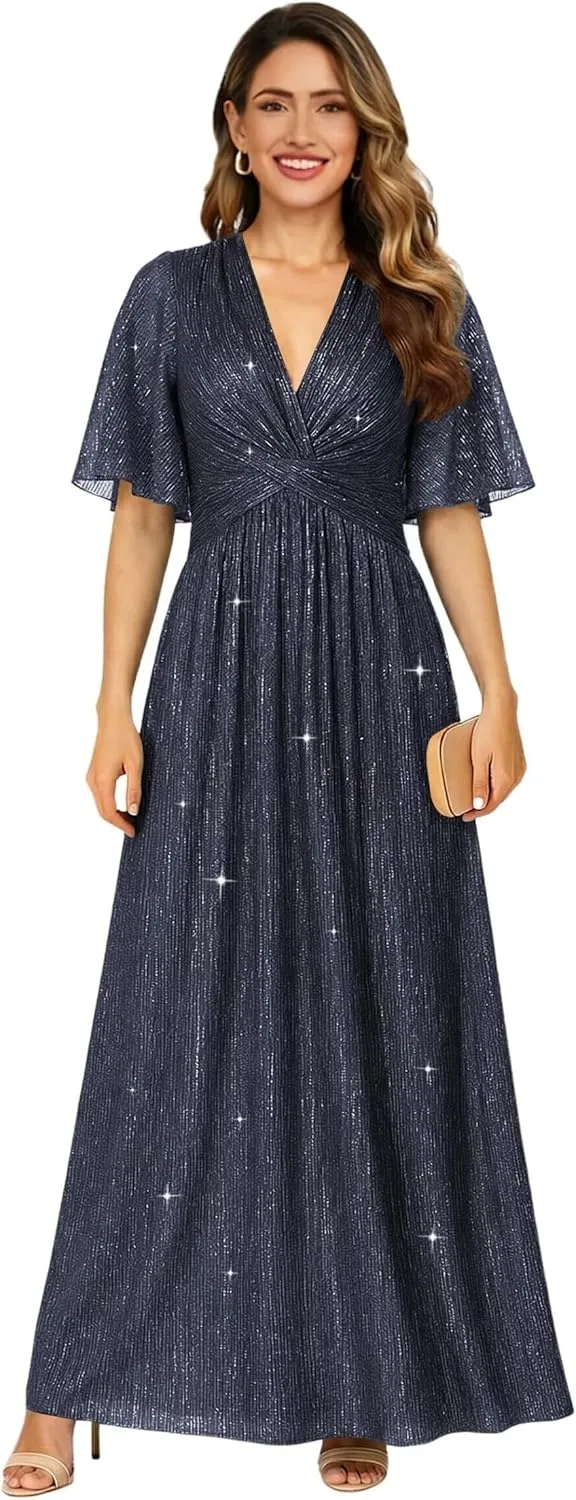 Женское длинное платье с блестками A-line V-образным вырезом, Navy Blue