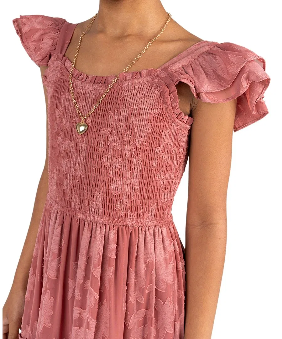 Платье макси из шифона с запахом и рюшами, модель Burnout Chiffon Smocked Sweetheart Neck Tiered Maxi Dress Rare Editions, Rose — фото 2