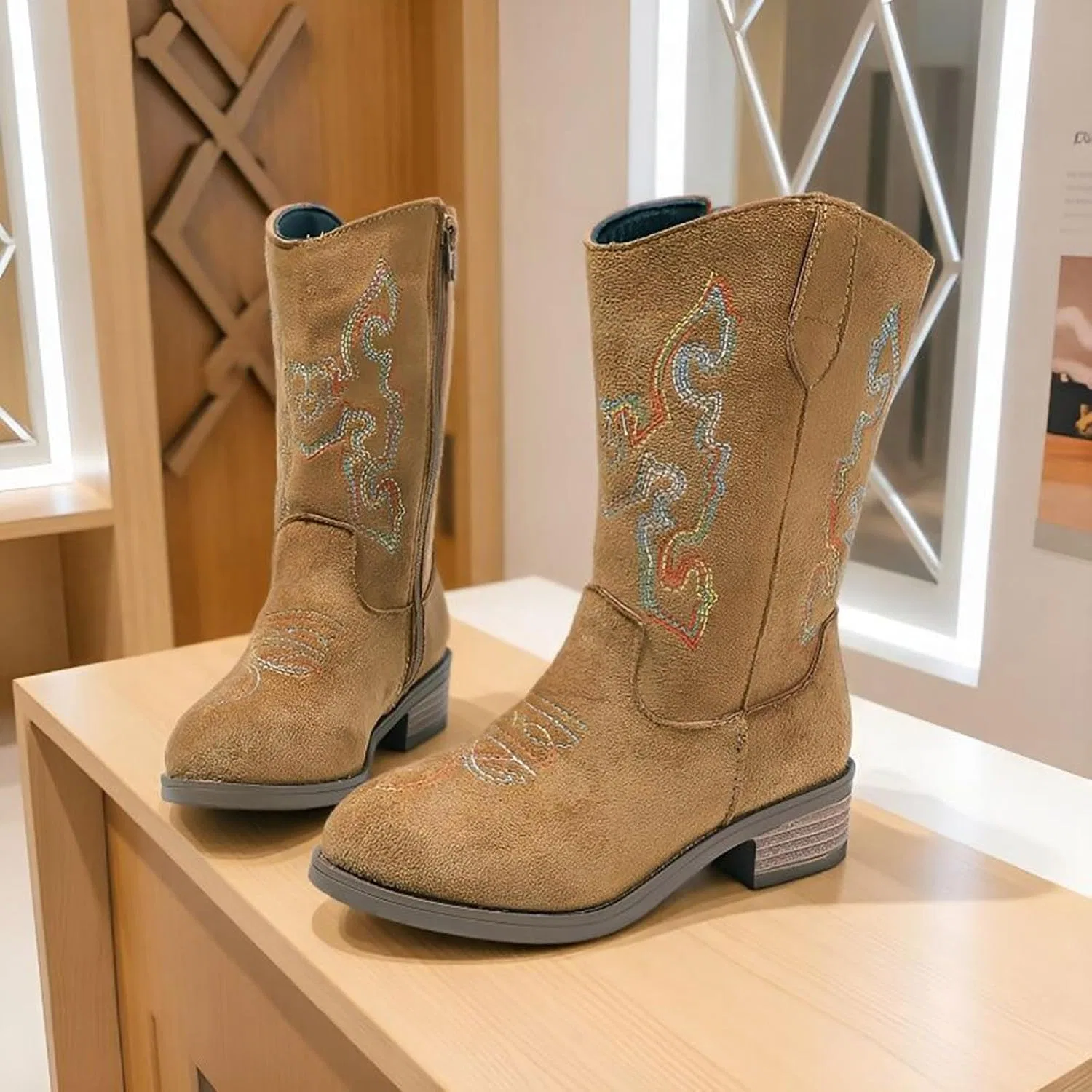 Детские сапоги для девочек с вышивкой ковбойские с боковой молнией Cowgirl Western Boots, Brown — фото 3