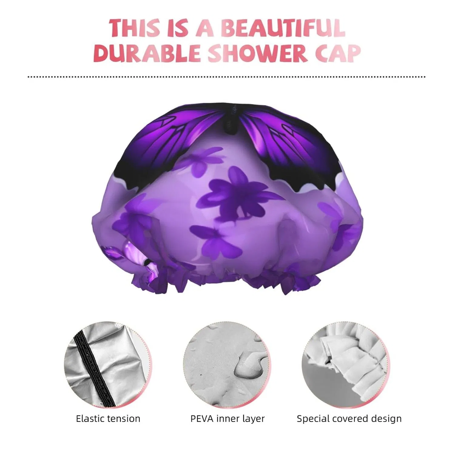 Шапочка для душа с принтом Purple Butterfly, JEJEA, двойной слой, водонепроницаемая — фото 3
