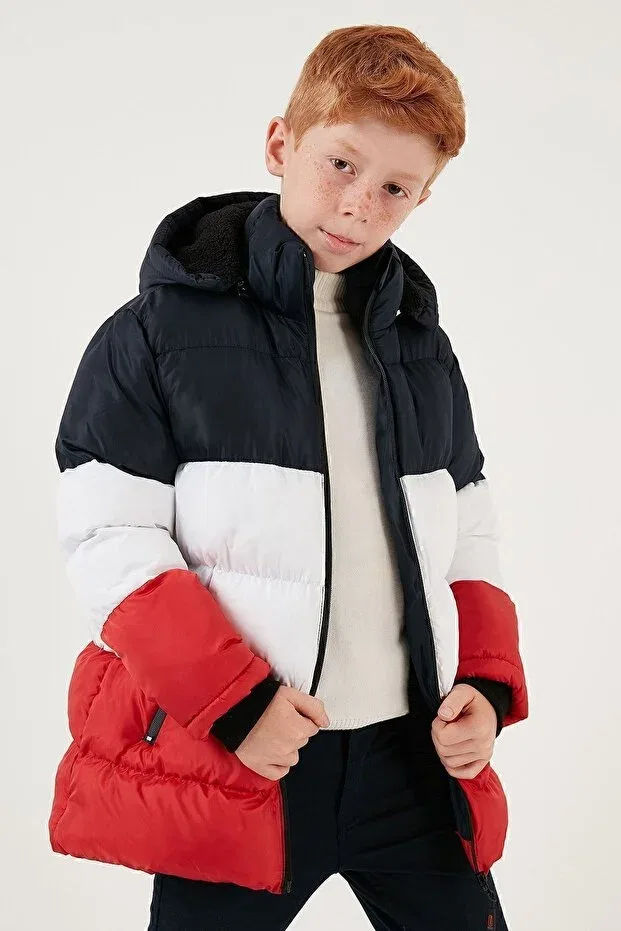 Детское пальто-пуховик для девочек с капюшоном Plush lined removable hooded puffer coat boy's coat 57611967 Lela, Navy-White-Red — фото 2