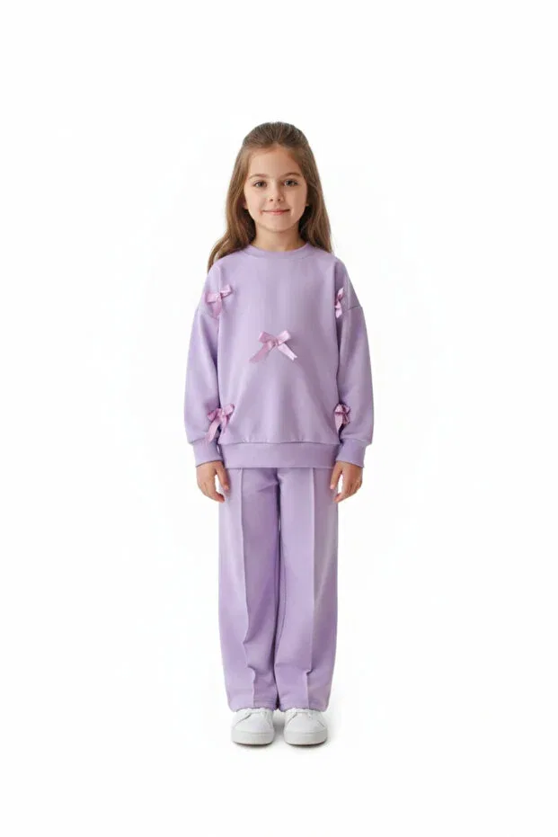Детский комплект из свитшота и брюк с бантом Lilac Bow Detailed Dimoi Kids, Lilac