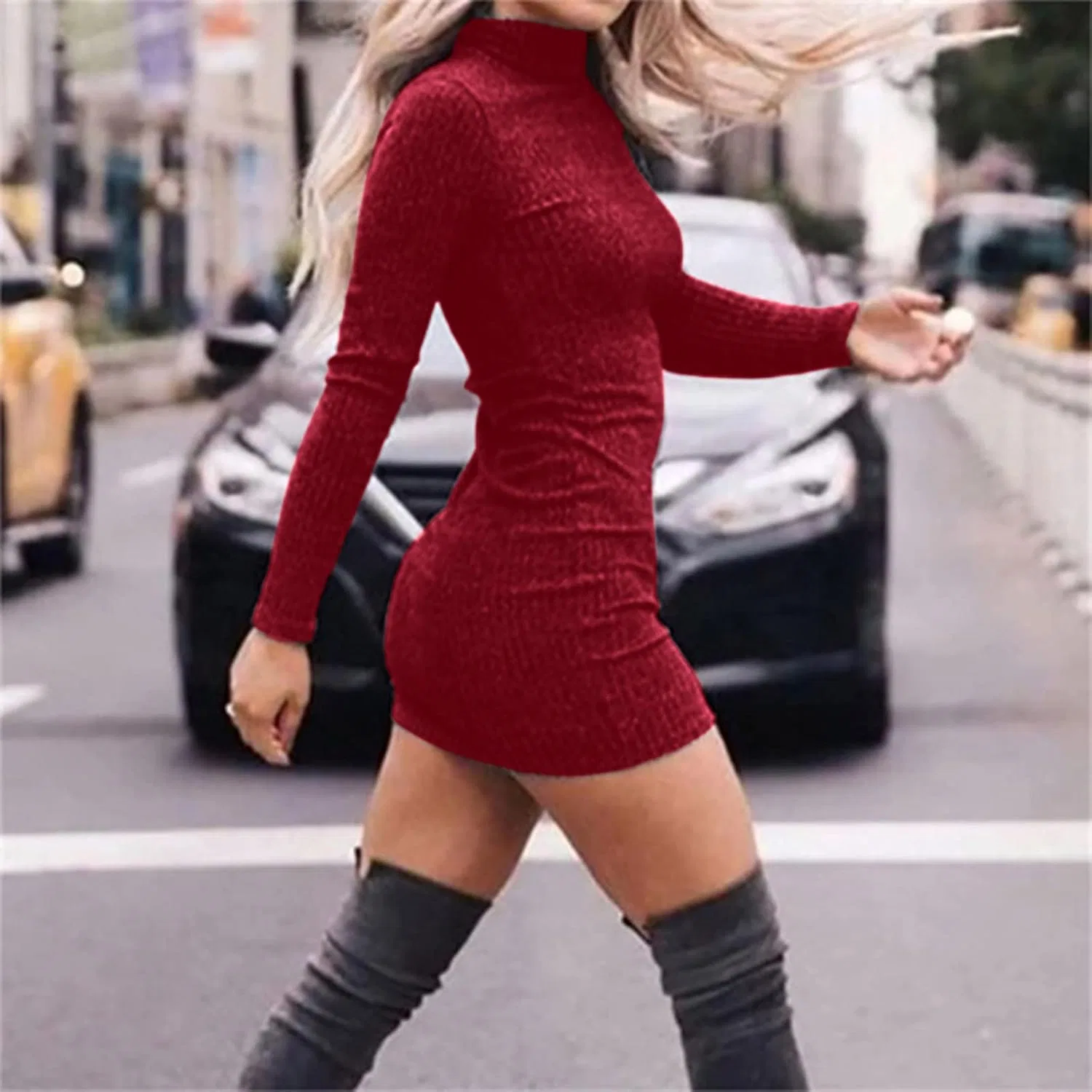 Женское облегающее платье-свитер с водолазкой Bodycon, Wine — фото 3